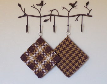 Potholder Set 145, Large, Set of Two, Woven, Heavy Duty Hot Pads, Trivets, Oven Pads, Brown, Gold and Beige, Ready to Ship!