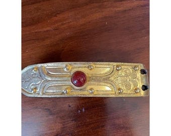 Vintage Accessocraft NYC Gold Tone Red Cabochon Etruscan Belt Buckle Statement