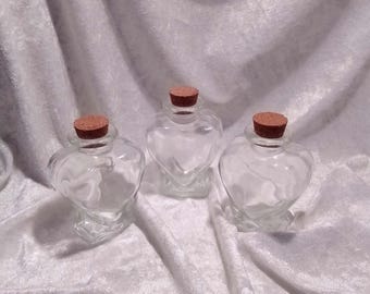 3 small Heart shaped pressed glass Bottles with Cork- approx. 7.5cm tall each