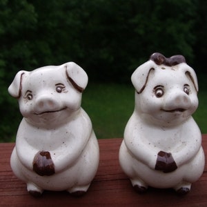 Salt and pepper porcelain shakers: 2 cute pigs, boy and girl with bow. Rare. Vintage. Gift idea.