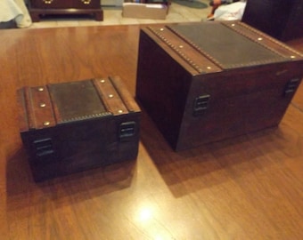 Antique wooden 2 sets jewelry boxes chests brass closure&brass decor by corners. Choice New old stock Gift idea. Size: 9-1/4" x 6-7/8" x  6"