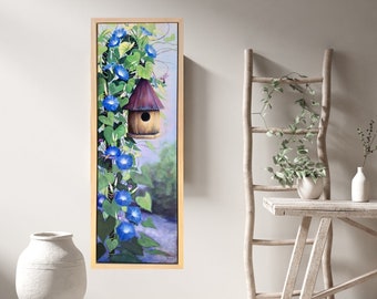 MORNING Glory and BIRDHOUSE original painting ; morning glory art, Acrylic floral painting, Cottage Garden art, Nature art