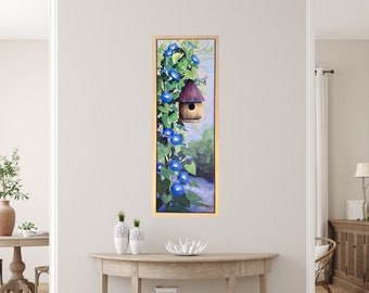 MORNING Glory Vines and BIRDHOUSE giclee Print; morning glory art, Acrylic floral painting, Cottage Garden art, Nature art