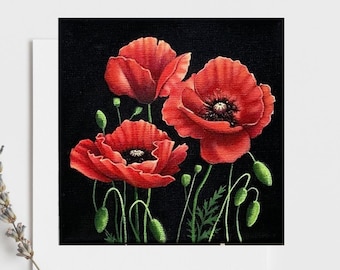 Red Poppy note card. stationary, art card, Botanical greeting