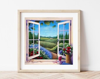 Könnte beinhalten: Ein Gemälde, das ein Fenster mit Blick auf sanfte grüne Hügel und ein kleines Haus in der Ferne zeigt. Das Fenster ist geöffnet und auf der Fensterbank stehen Blumentöpfe. Ein Glas Rotwein steht auf der Fensterbank.