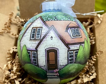 Custom Handpainted house ornament: personalized gift, holiday Ornament; holiday shop; tree trimming, house portrait; custom ornament