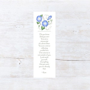 Rumi quote blu morning glories, yoga, Spiritual gift, motivational,Keepsake bookmark, inpirational friend gift mental health image 1