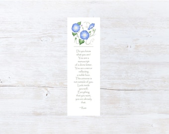 Rumi quote; blu morning glories, yoga, Spiritual gift, motivational,Keepsake bookmark, inpirational friend gift ; mental health