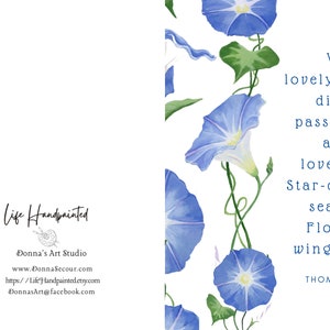 Sympathy, condolences card. Blue Morning Glories stationary, art and quote card, Botanical image 5