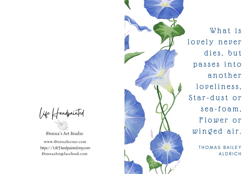 Sympathy, condolences card. Blue Morning Glories stationary, art and quote card, Botanical image 5