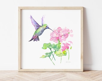 Hummingbird art, Hummingbird and geranium; print on fine ART paper, flower garden art, acrylic painting; Wall decor,  floral art