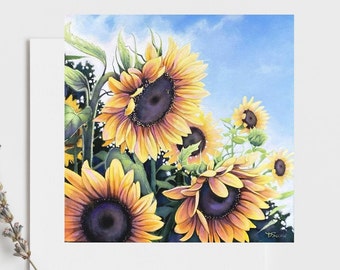 Sunflower note card. stationary, art card, Botanical greeting; garden art