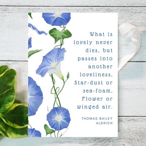 Sympathy, condolences card. Blue Morning Glories stationary, art and quote card, Botanical image 2