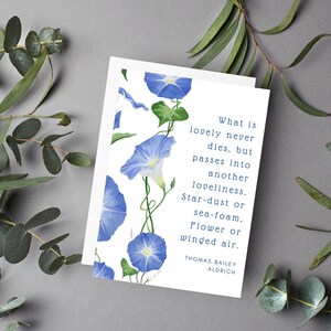 Sympathy, condolences card. Blue Morning Glories stationary, art and quote card, Botanical image 1