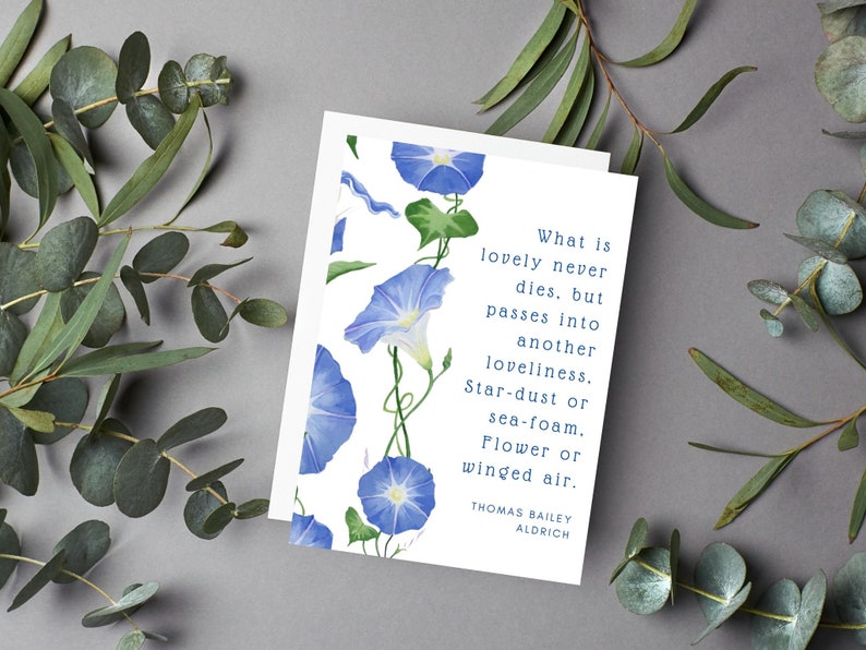 Sympathy, condolences card. Blue Morning Glories stationary, art and quote card, Botanical image 1