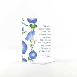 Sympathy, condolences card. Blue Morning Glories stationary, art and quote card, Botanical image 3