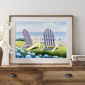 Adirondack chairs; Beach scene, reproduction print, Fine Art; ocean home decor