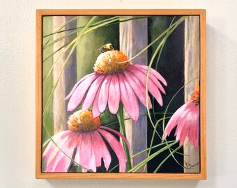 original painting framed,  BEE and purple coneflower, Cottage garden decor; perennial flower art