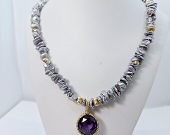 Keshi Baroque Pearl necklace with synthetic purple stone