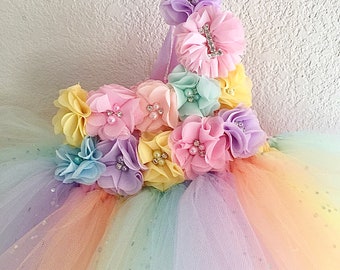 Pastel rainbow tutu dress ,smash cake tutu dress, photo prop tutu with matching headband for baby girls 6-18 months