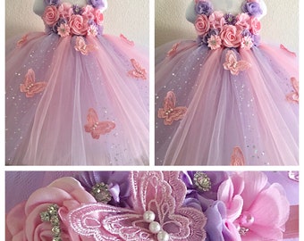 Pink and lavender butterfly tutu dress, smash cake tutu dress,photo prop tutu dress for babies 6-18 months with matching headband.