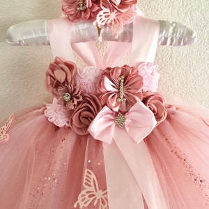 Rose gold and pink butterfly tutu dress,smash cake tutu dress, photo prop tutu dress with matching headband  for babies 6-18” months.