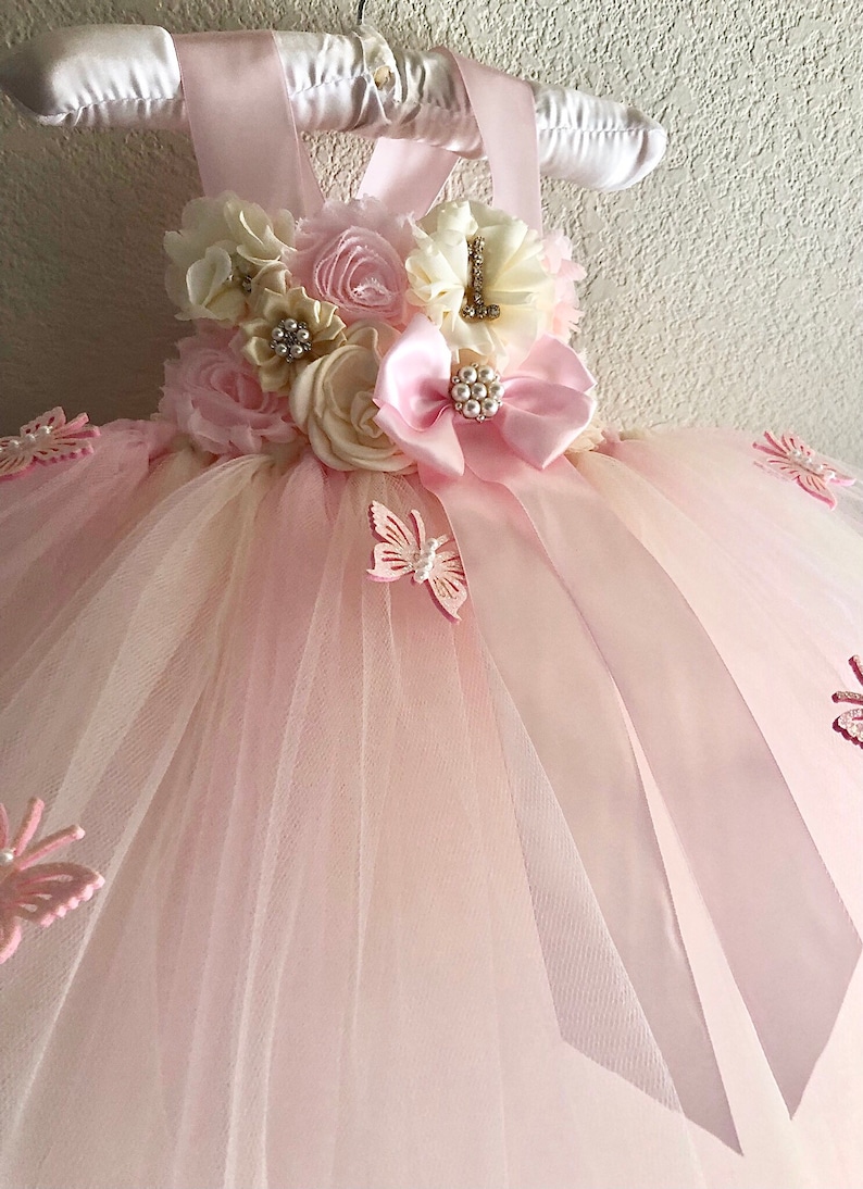 Baby pink and ivory butterfly tutu dress,smash cake tutu dress , photo prop tutu dress with matching headband for babies 6-18 months immagine 4