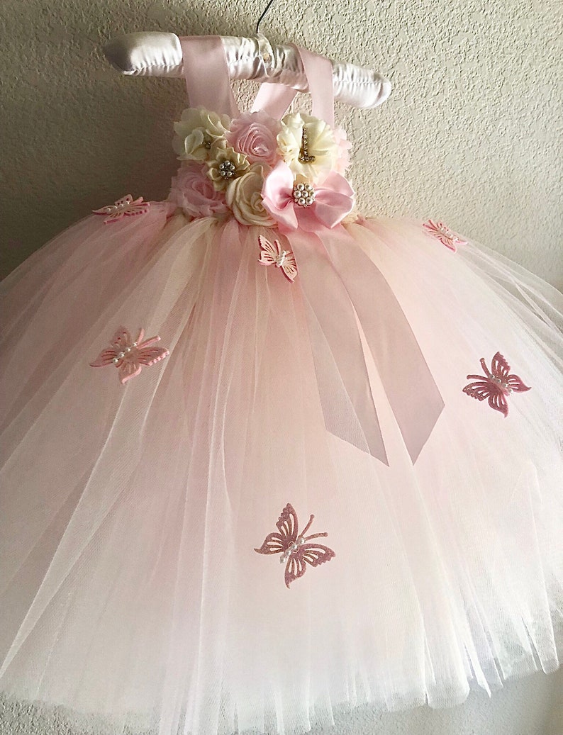 Baby pink and ivory butterfly tutu dress,smash cake tutu dress , photo prop tutu dress with matching headband for babies 6-18 months immagine 6