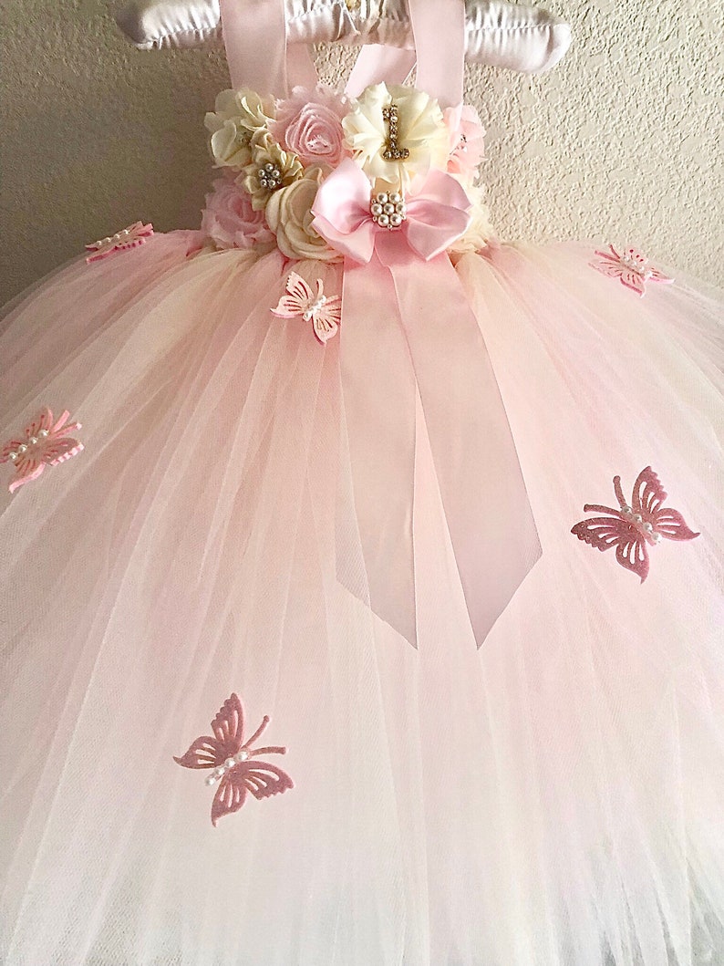 Baby pink and ivory butterfly tutu dress,smash cake tutu dress , photo prop tutu dress with matching headband for babies 6-18 months immagine 3