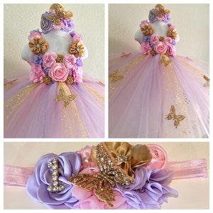 Pink,lavender and gold butterfly tutu dress,photo prop tutu dress,smash cake tutu dress with matching headband for babies 6-18 months.