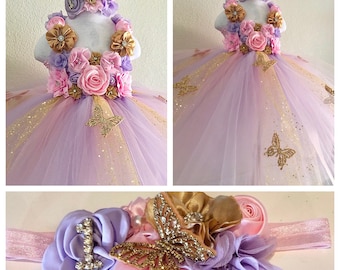 Pink,lavender and gold butterfly tutu dress,photo prop tutu dress,smash cake tutu dress with matching headband for babies 6-18 months.