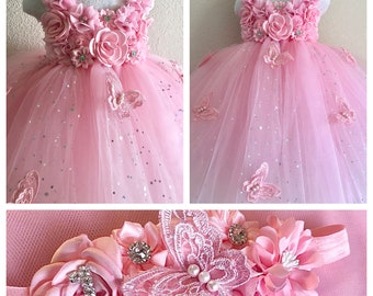 Pink butterfly tutu dress, smash cake tutu dress , photo prop tutu dress with matching headband for babies 6-18 months