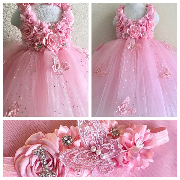 Pink butterfly tutu dress, smash cake tutu dress , photo prop tutu dress with matching headband for babies 6-18 months