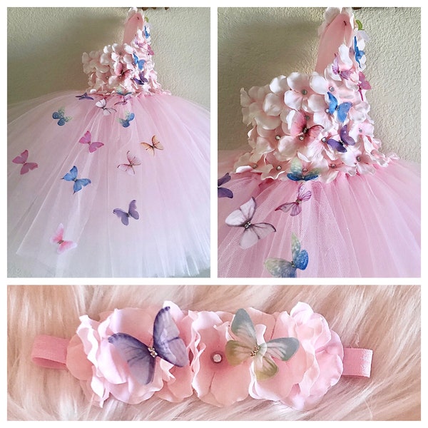 Pink butterflies hydrangea tutu dress,smash cake tutu dress  with matching headband for baby girls 6-18 months