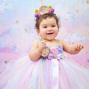 baby girl first birthday tutu dress unicorn theme in pink, aqua ,lavender and gold for 6-18 months with beautiful unicorn headband