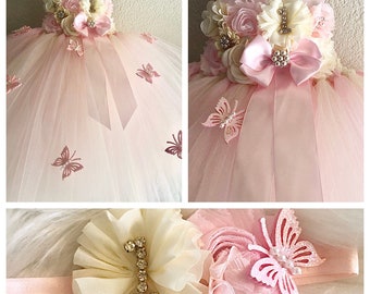 Baby pink and ivory butterfly tutu dress,smash cake tutu dress , photo prop tutu dress with matching headband for babies 6-18 months