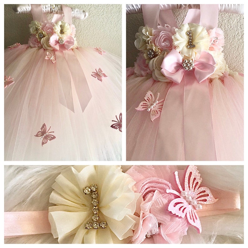 Baby pink and ivory butterfly tutu dress,smash cake tutu dress , photo prop tutu dress with matching headband for babies 6-18 months immagine 1