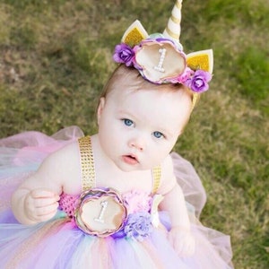 unicorn theme tutu dress in pink ,mint,lavender and gold  for 6-18 months with beautiful unicorn headband.
