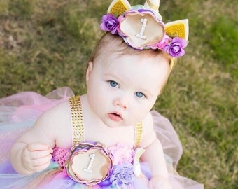 unicorn theme tutu dress in pink ,mint,lavender and gold  for 6-18 months with beautiful unicorn headband.