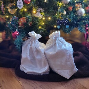 White Damask Poinsettia Fabric Christmas Gift Bag, Drawstring Holiday Handmade, Sustainable Reusable Decor, Shabby Chic, Hygge Yule