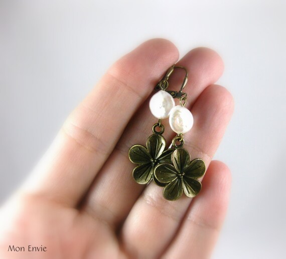 White Coin Pearl & Bronze Flower Earrings White Coin Pearls Etsy