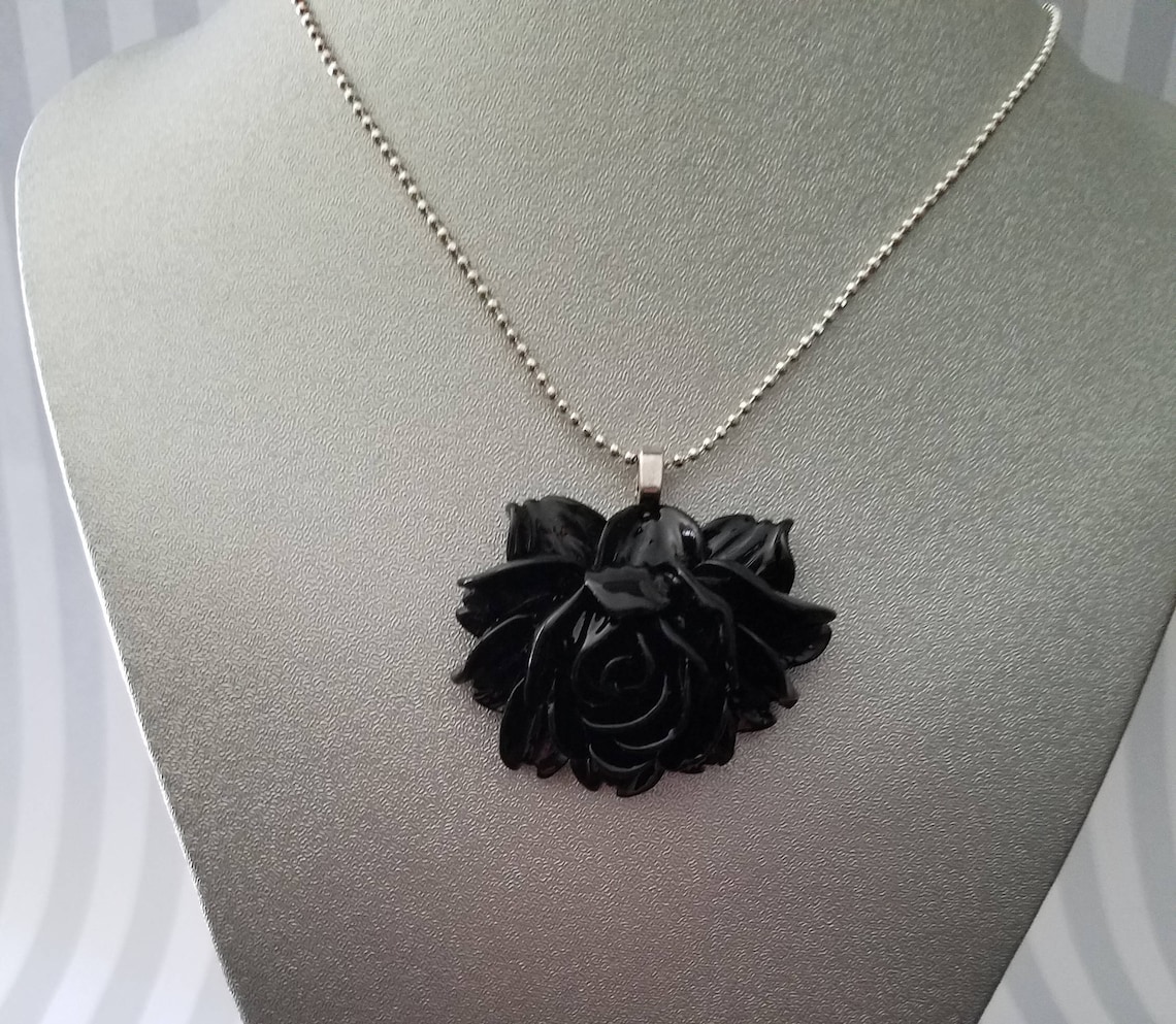 Large Black Rose Pendant Necklace Etsy