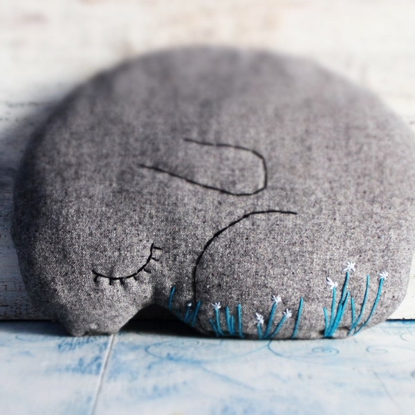 LAST ONE Bunny rabbit pillow stuffed toy nursery decor 9x12 inches primitive animal baby shower gift rustic grey teal flowers