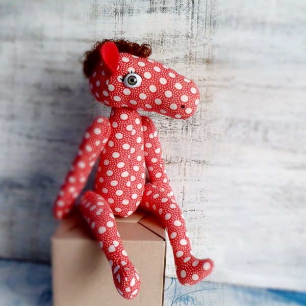 LAST ONE  Soft stuffed horse artist stuffed toy 13 inches red white polka dot animal jointed baby shower gift nursery decor