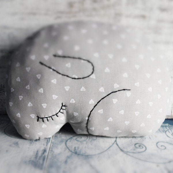 Bunny rabbit pillow stuffed toy nursery decor 9x12 inches primitive animal baby shower gift rustic grey white hearts