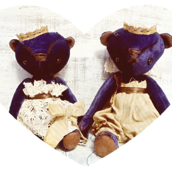 2 artist teddy bears in love, ready to ship, 9-11', prince princess, royal blue vintage velvet, antique lace, Valentine's Day gift, OOAK