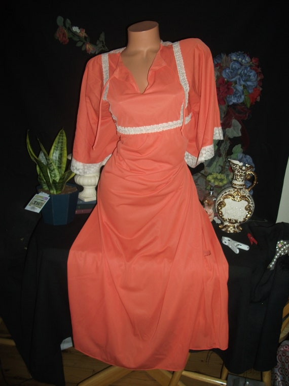 Vtg Silky Orange Flower Lace Nighty Gown Frosted B
