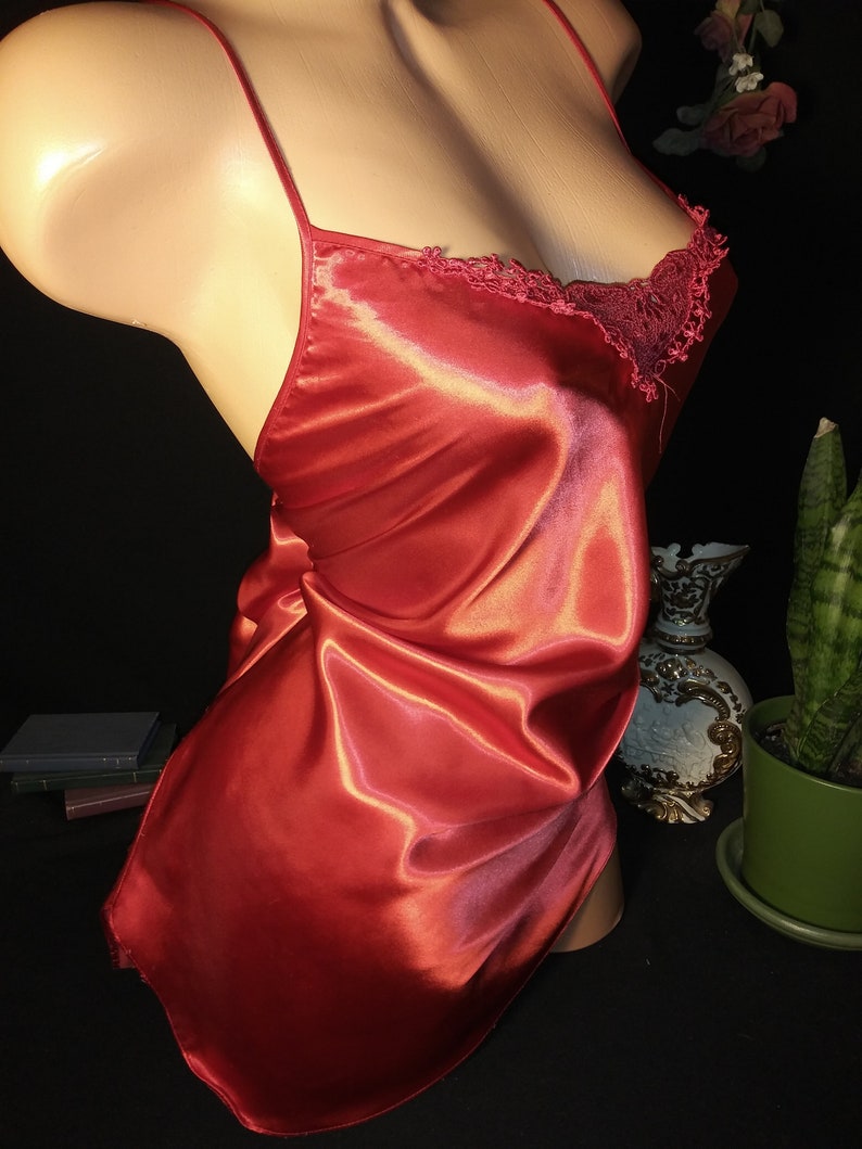 Vtg Satin Shiny Red Gown Babydoll Nightie Gown Lace V Etsy