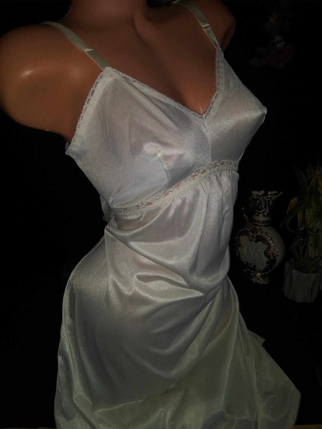 Vtg Silky Nighty Frosted Shiny Gown Full Dress Slip Nighty Slip