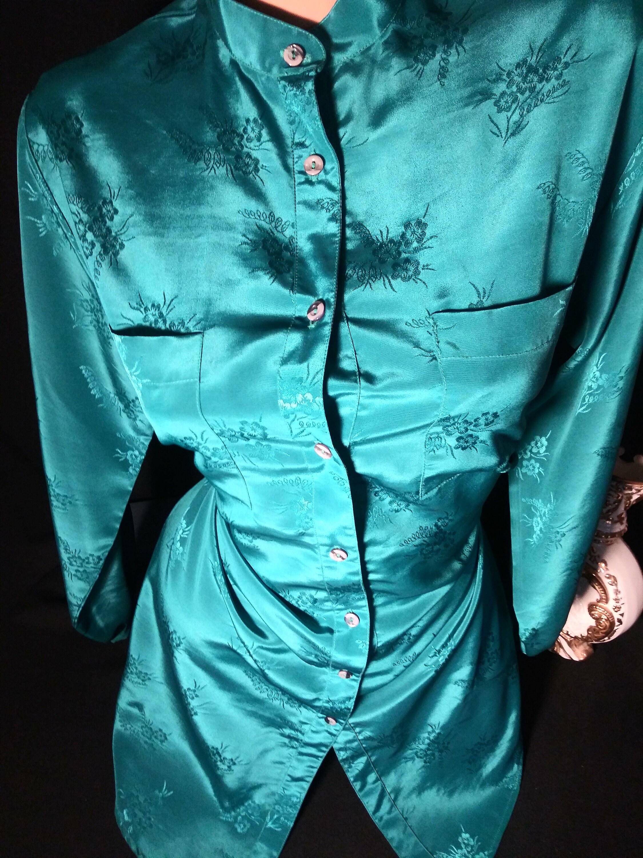 Satin Long Blouse Shiny Green Button up 